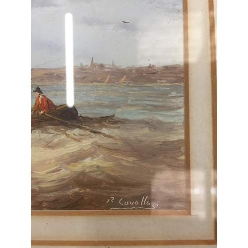 150 - TWO OILS ON BOARD PAINTINGS OF FISHING BOATS ON THE SEA, SIGNED R CAVALLA IN GILT FRAMES 35CM X 29.5... 