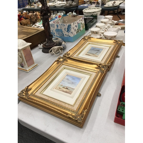 150 - TWO OILS ON BOARD PAINTINGS OF FISHING BOATS ON THE SEA, SIGNED R CAVALLA IN GILT FRAMES 35CM X 29.5... 