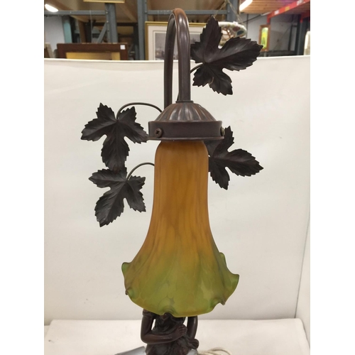 152 - A TABLE LAMP WITH A RESIN LADY BASE AND A FLORAL SHADE HEIGHT 64CM