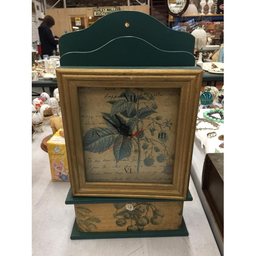 154 - A QUANTITY OF STORAGE BOXES TO INCLUDE A LETTER RACK WITH DRAWERS, A KEY CUPBOARD WITH A CLOCK FRONT... 