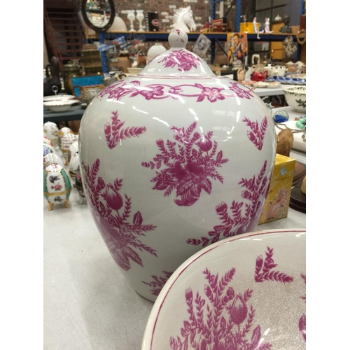 155 - A PINK AND WHITE FLORAL PATTERN BATHROOM SET TO INCLUDE JUG AND BOWL, CANDLESTICK, LARGE BOWL, LARGE... 