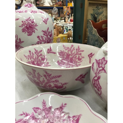 155 - A PINK AND WHITE FLORAL PATTERN BATHROOM SET TO INCLUDE JUG AND BOWL, CANDLESTICK, LARGE BOWL, LARGE... 