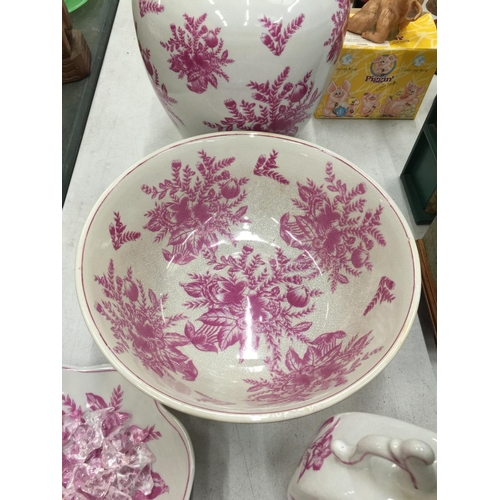 155 - A PINK AND WHITE FLORAL PATTERN BATHROOM SET TO INCLUDE JUG AND BOWL, CANDLESTICK, LARGE BOWL, LARGE... 