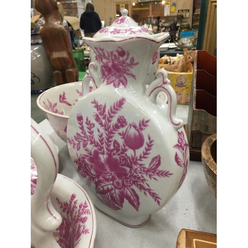 155 - A PINK AND WHITE FLORAL PATTERN BATHROOM SET TO INCLUDE JUG AND BOWL, CANDLESTICK, LARGE BOWL, LARGE... 