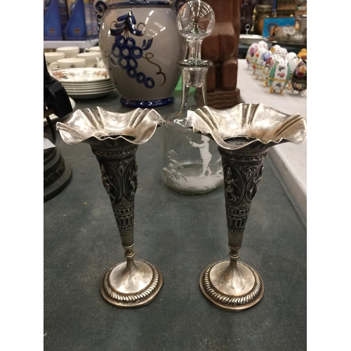 156 - A PAIR OF SILVER PLATED BUD VASES, POT POURRI BOWLS, GLASS DRESSING TABLE JAR WITH WHITE METAL LID C... 