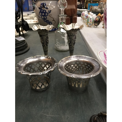 156 - A PAIR OF SILVER PLATED BUD VASES, POT POURRI BOWLS, GLASS DRESSING TABLE JAR WITH WHITE METAL LID C... 