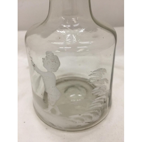 157 - A MARY GREGORY GLASS DECANTER WITH HAND PAINTED SCENE AND PONTIL MARK, HEIGHT 23CM