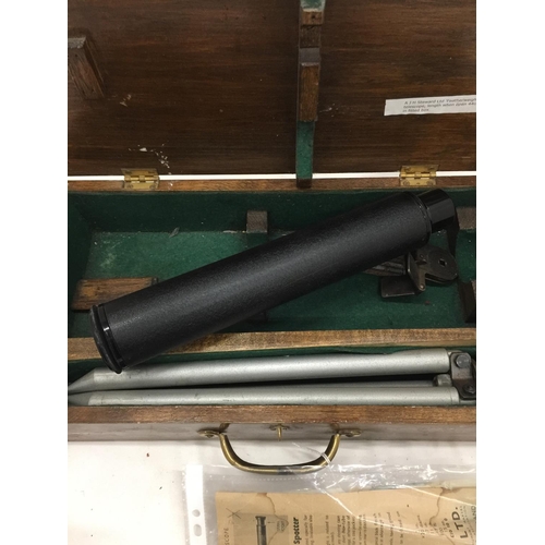 160 - A J H STEWARD LTD 'FEATHERWEIGHT SPOTTER' TELESCOPE, LENGTH WHEN OPEN 44CM, WITH TRIPOD IN AN OAK BO... 