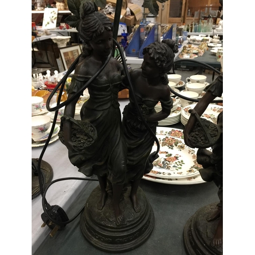 161 - A PAIR OF RESIN TABLE LAMPS, EACH WITH TWO BULBS WITH LADY DECORATION, HEIGHT 66CM