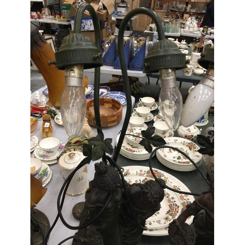 161 - A PAIR OF RESIN TABLE LAMPS, EACH WITH TWO BULBS WITH LADY DECORATION, HEIGHT 66CM