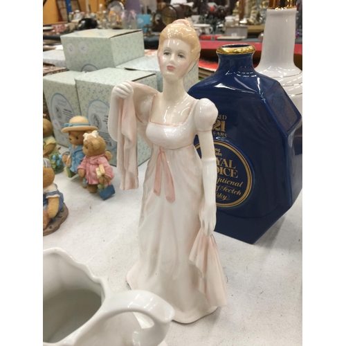 179 - A QUANTITY OF CERAMICS TO INCLUDE A BELL'S DECANTER, LADY FIGURE, COW LIDDED DISH, ETC