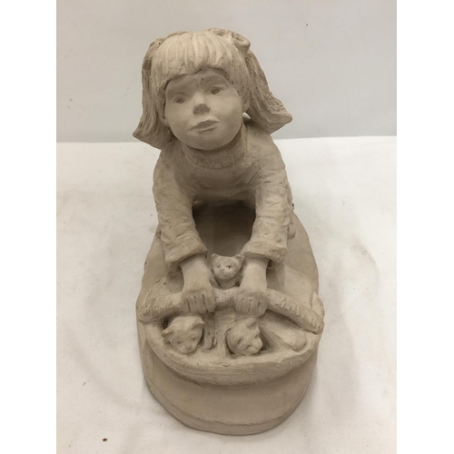 189 - A STONEWARE MODEL OF A GIRL WITH A BASKET OF KITTENS