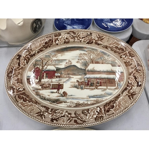 198 - TWO OVAL VICTORIAN PLATTERS DIAMETERS 44.5CM AND 39.5CM PLUS A LARGE JOHNSON BROS OVAL MEAT PLATTER ... 