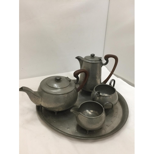 205 - A PEWTER TEASET TO INCLUDE TEAPOT, HOT WATER POT, CREAM JUG, SUGAR BOWL AND A TRAY