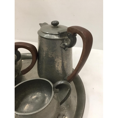 205 - A PEWTER TEASET TO INCLUDE TEAPOT, HOT WATER POT, CREAM JUG, SUGAR BOWL AND A TRAY