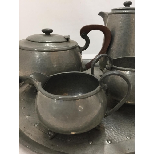 205 - A PEWTER TEASET TO INCLUDE TEAPOT, HOT WATER POT, CREAM JUG, SUGAR BOWL AND A TRAY