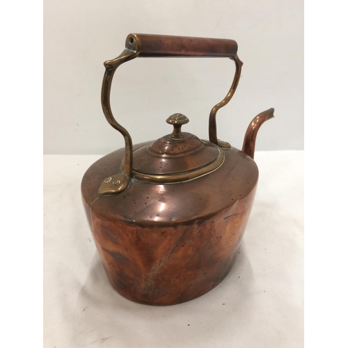 214 - A VINTAGE COPPER KETTLE PLUS A BRASS PLANTER WITH PICTURE PANELS