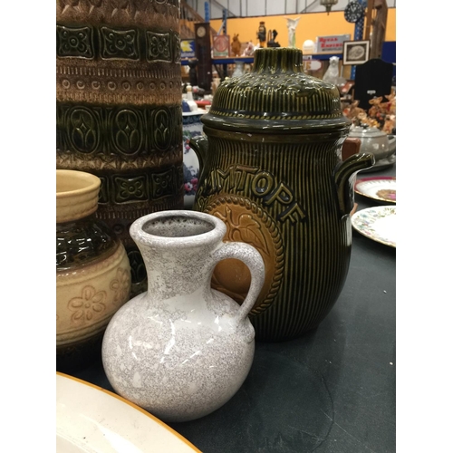 221 - THREE WEST GERMAN CERAMICS TO INCLUDE A LARGE VASE HEIGHT 41CM - SLIGHT DAMAGE TO PAINTWORK, A RUMTO... 