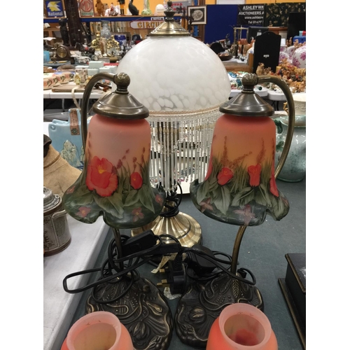 223 - A PAIR OF ART NOUVEAU STYLE LAMPS WITH POPPY PATTERN SHADES HEIGHT APPROX 37CM WITH SPARE SHADES, PL... 