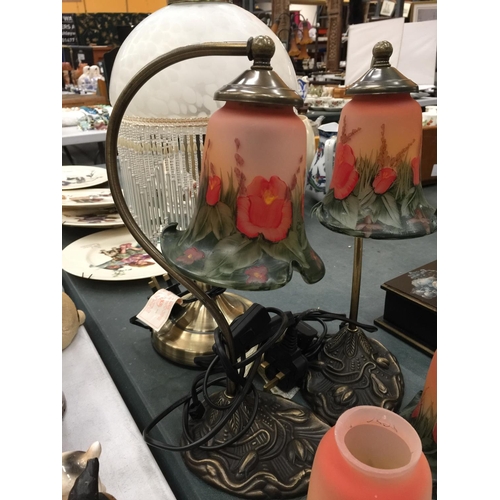 223 - A PAIR OF ART NOUVEAU STYLE LAMPS WITH POPPY PATTERN SHADES HEIGHT APPROX 37CM WITH SPARE SHADES, PL... 