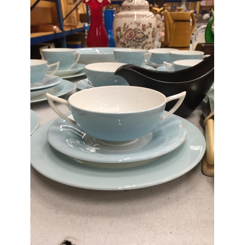 231 - A QUANTITY OF BLUE AND WHITE CUPS, SAUCERS, PLATES, ETC PLUS A SMALL QUANTITY OF FLATWARE