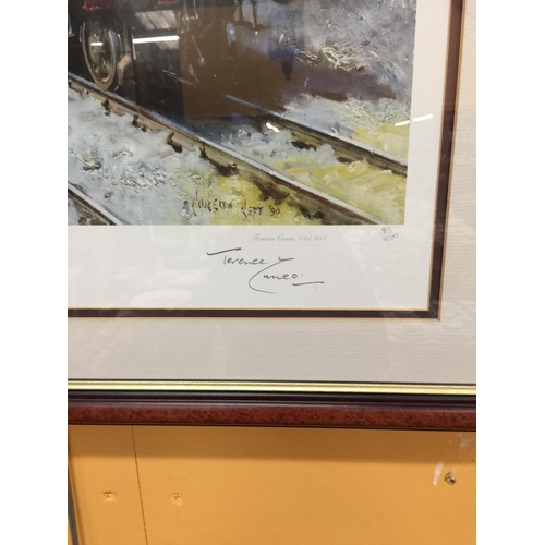 242 - A SIGNED TERENCE CUNEO LIMITED EDITION 83/850 PRINT OF THE SIMPLON ORIENT EXPRESS 67CM X 78CM