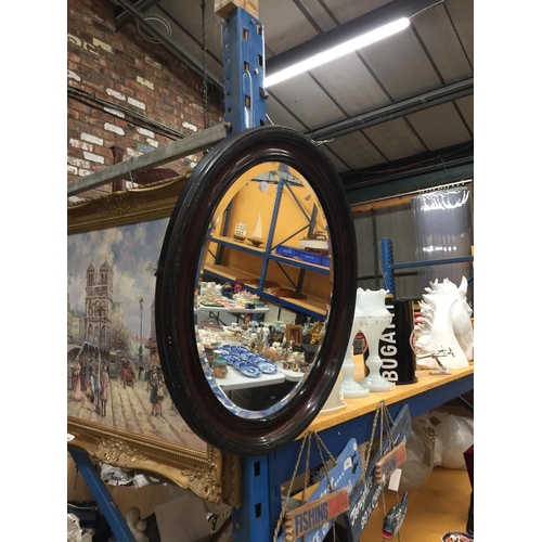 244 - A VICTORIAN HARDWOOD OVAL BEVELLED MIRROR 61CM X 51CM