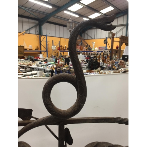 476 - A VICTORIAN WROUGHT IRON UMBRELLA STAND WITH SERPENTINE TOP AND BARLEY TWIST ARMS HEIGHT 73CM