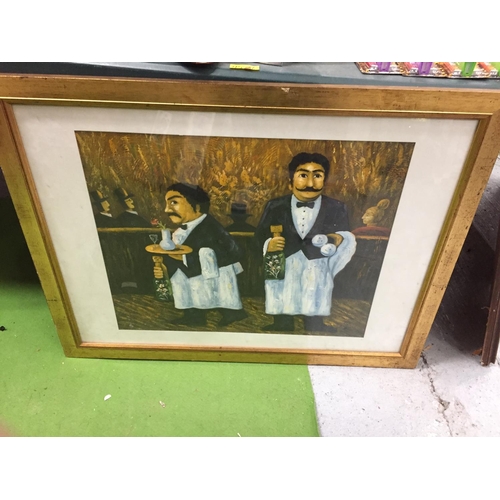 492 - A FRAMED PRINT OF TWO WAITERS