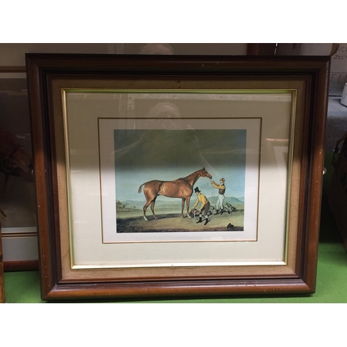 493 - A LARGE FRAMED PRINT OF ARKLE, RED RUM AND DESERT ORCHID 83CM X 58CM, PLUS TWO OTHER FRAMED EQUINE P... 