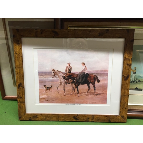 493 - A LARGE FRAMED PRINT OF ARKLE, RED RUM AND DESERT ORCHID 83CM X 58CM, PLUS TWO OTHER FRAMED EQUINE P... 