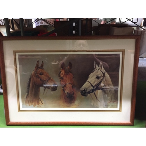 493 - A LARGE FRAMED PRINT OF ARKLE, RED RUM AND DESERT ORCHID 83CM X 58CM, PLUS TWO OTHER FRAMED EQUINE P... 