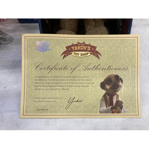 210 - FIVE MEERKAT PLUSH TOYS IN ORIGINAL BOXES WITH CERTIFICATES - YAKOV, AGENT MAIYA, SERGEI, ALEKSANDER... 