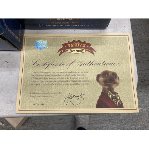 210 - FIVE MEERKAT PLUSH TOYS IN ORIGINAL BOXES WITH CERTIFICATES - YAKOV, AGENT MAIYA, SERGEI, ALEKSANDER... 