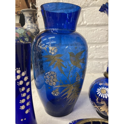 365A - SIX LATE VICTORIAN/EDWARDIAN BRISTOL BLUE STYLE GLASSWARE WITH EMBOSSED FLORAL DECORATION