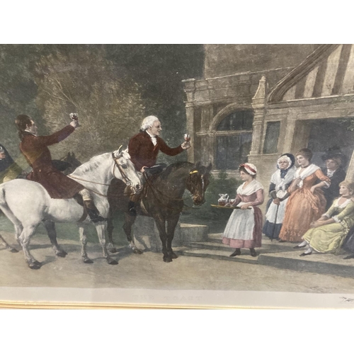 368 - A LARGE GILT FRAMED PRINT OF A HUNTING SCENE TITLED 'THE TOAST' 92CM X 67CM