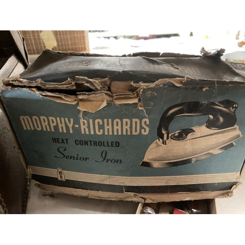 370 - A BOXED VINTAGE MORPHY RICHARDS IRON, BOXED BURMAN HAIR CLIPPERS AND A VINTAGE ELECTRIC IRON WITH WO... 