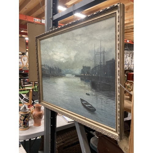 393 - AN OIL ON CANVAS SCENE OF DOCKLANDS AT NIGHT SIGNED ARTHUR KING IN GILT FRAME 75CM X 56CM