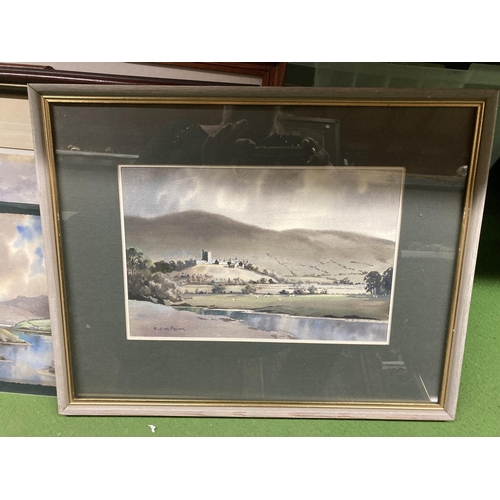 406 - A WATERCOLOUR ON CARD OF A LAKELAND SCENE SIGNED E. Z. W. PRIOR PLUS FOUR FRAMED PRINTS OF COUNTRY S... 