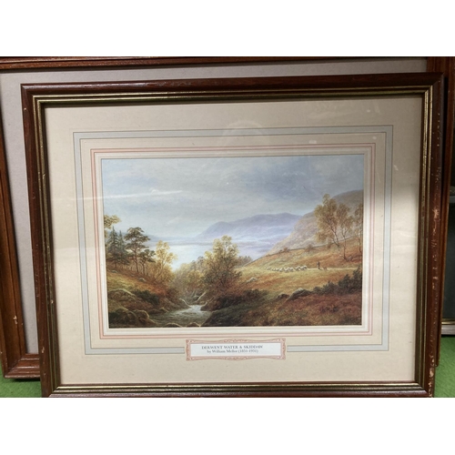 406 - A WATERCOLOUR ON CARD OF A LAKELAND SCENE SIGNED E. Z. W. PRIOR PLUS FOUR FRAMED PRINTS OF COUNTRY S... 