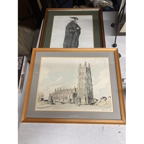 408 - THREE FRAMED PRINTS TO INCLUDE 'A VIEW FROM PETER HOUSE, CAMBRIDGE, A CATHEDRAL AND HARWICH