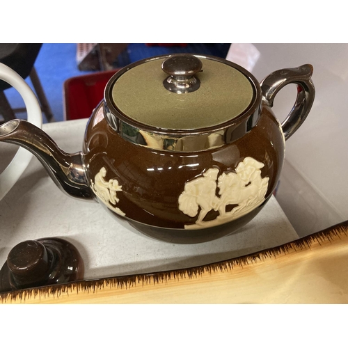 416 - A VINTAGE BELEEK SWAN, GIBSONS SILVER COLOURED AND BROWN DOULTON STYLE TEAPOT, THREE SECTIONED SERVI... 