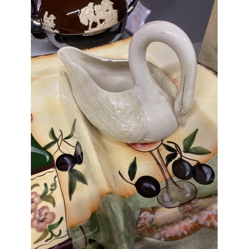 416 - A VINTAGE BELEEK SWAN, GIBSONS SILVER COLOURED AND BROWN DOULTON STYLE TEAPOT, THREE SECTIONED SERVI... 