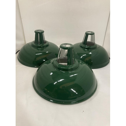 429 - THREE CROSSLANDS RETRO VINTAGE LIGHT SHADES IN  DARK GREEN WITH ORIGINAL STICKERS