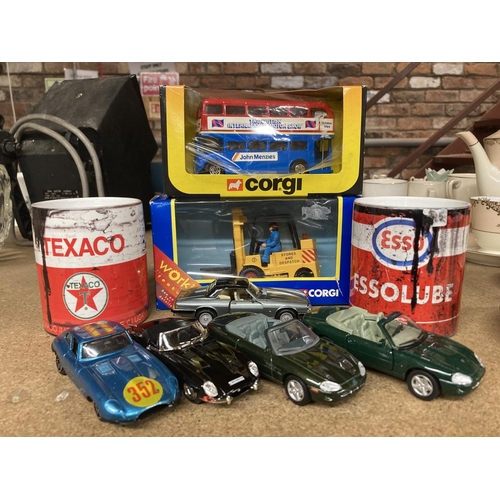 438 - TWO BOXED CORGI MODELS - A FORKLIFT TRUCK AND A BUS, A TEXACO AND ESSO MUG PLUS FIVE DIECAST CARS