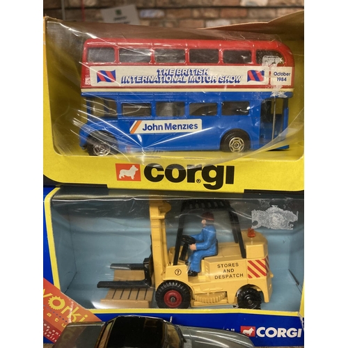 438 - TWO BOXED CORGI MODELS - A FORKLIFT TRUCK AND A BUS, A TEXACO AND ESSO MUG PLUS FIVE DIECAST CARS