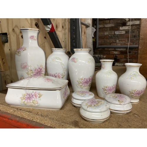 440 - A QUANTITY OF VASES, TRINKET BOXES, ETC, WHITE WITH PINK FLORAL DECORATION