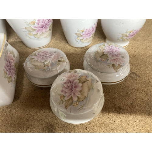 440 - A QUANTITY OF VASES, TRINKET BOXES, ETC, WHITE WITH PINK FLORAL DECORATION