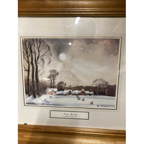 448 - A FRAMED JAPENESE SILK AND A FRAMED  PRINT OF A WATERCOLOUR OF A WINTER SCENE 'WINTER MORNING' BY HU... 