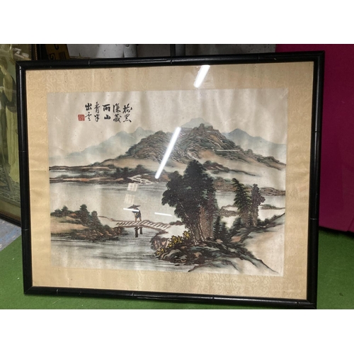 448 - A FRAMED JAPENESE SILK AND A FRAMED  PRINT OF A WATERCOLOUR OF A WINTER SCENE 'WINTER MORNING' BY HU... 